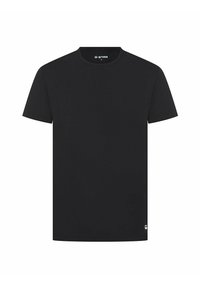 Schwarzes Baumwoll-T-Shirt mit kurzen Ärmeln, Rundhalsausschnitt und kleinem G-Star-Logo am unteren linken Saum. Glatte Textur und klassischer Schnitt.