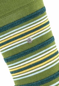 Grün-weiß gestreifte Socke mit gelben Akzenten und einer weichen Textur. Verfügt über ein kleines metallisches Logo auf der Seite.