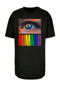 Sort t-shirt med et grafisk motiv af et øje med en regnbueeffekt og ordet "HUMANO" i fede, multicolorede bogstaver nedenfor.
