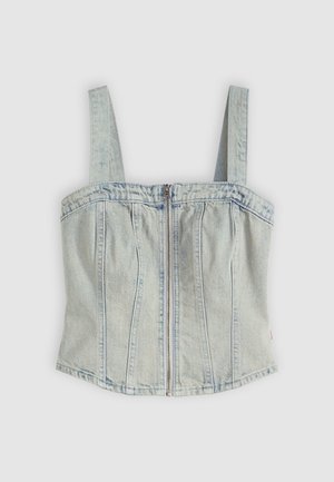 Gaiši zila džinsa korsete ar platām siksnām, priekšējo rāvējslēdzēja aizdari, vertikālām šuvēm un taisnu apakšmali.