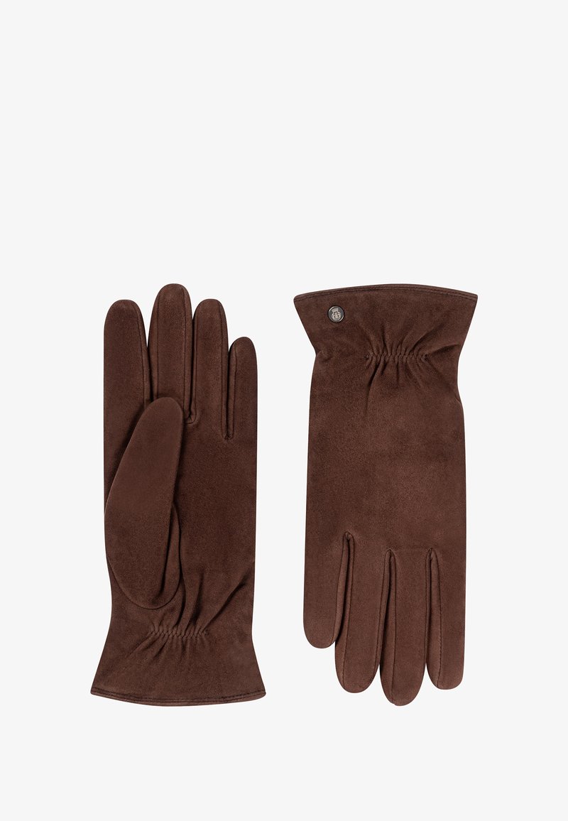 Brown suede gloves with a smooth texture, featuring a gathered wrist design and a stylish metal accent on one glove.