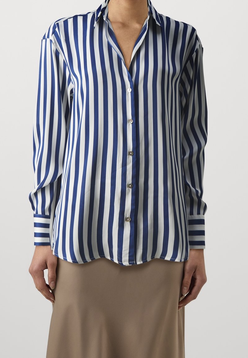 Person wearing a blue and white vertically striped button-up shirt with long sleeves and a beige skirt, standing against a plain background.