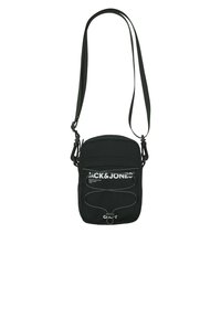 Zwarte schoudertas met verstelbare band, met een gestructureerd oppervlak, voorvak en wit logo. Inclusief decoratieve stiksels.