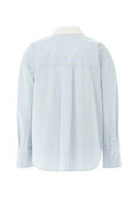 Light blue button-up shirt with white and gold vertical stripes, featuring a spread collar, long sleeves, and buttoned cuffs.