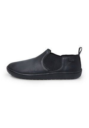 Black slip-on shoes made of smooth leather with elastic side panels, rounded toe, and a textured rubber sole.