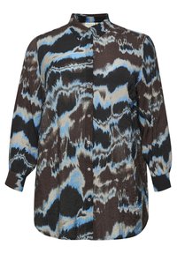 Button-up skjorte i tekstureret stof med et svulmende mønster i sort, blå og beige, med en klassisk krave og manchetter.