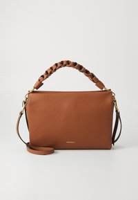 Brown leather handbag with a textured surface, braided top handle, gold-tone hardware, and an adjustable shoulder strap. Minimalist design.