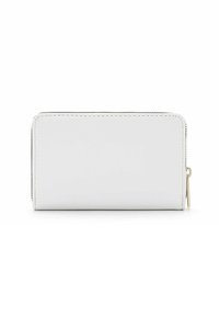 White leather wallet with a smooth exterior, zipper closure, and subtle stitching along the edges. Features a gold-tone zipper pull.