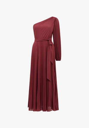 Ühe õlgaga burgundia värvi pleedihoone pikk kleit täispika varrukaga, kitsas talje ja külgside vööd valge tausta peal.