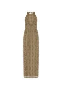 Abito maxi in maglia di un beige terroso con scollatura a V profonda, spalline a legaccio e fantasie verticali, caratterizzato da una vita aderente e gonna leggermente ampia.