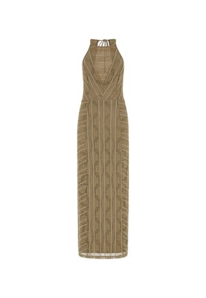 Strick-Maxikleid in erdigem Beige mit tiefem V-Ausschnitt, Halterbändern zum Binden und vertikalen Mustern, das eine taillierte Taille und einen leicht lockeren Rock besitzt.