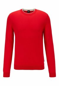 Maglione rosso in cotone, caratterizzato da scollo rotondo, maniche lunghe, polsini e orlo a coste, texture liscia e un dettaglio a contrasto sul collo.