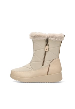 Bota de invierno beige hasta la mitad de la pantorrilla con laterales acolchados, ribete de piel sintética y cremallera lateral sobre una suela gruesa y acanalada.
