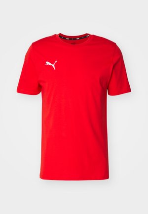 Rotes Baumwoll-T-Shirt mit kurzen Ärmeln, rundem Halsausschnitt und einem weißen Puma-Logo auf der linken Brust. Glatte Textur, minimalistisches Design.