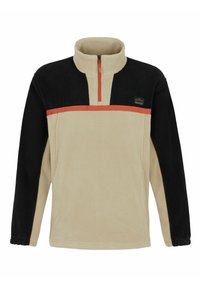 Fleece pulóver v béžovej farbe s čiernymi rukávmi, vysokým golierom a polovičným zipsovým uzáverom. Obsahuje oranžový horizontálny pruh a detail loga.