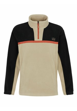 Beige fleeceová mikina s černými rukávy, vysokým límcem a zipem do poloviny. Má oranžový horizontální pruh a detail loga.