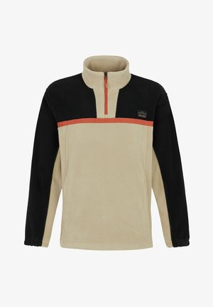 Fleece pullover i beige med sorte ærmer, høj krave og halvlukning med lynlås. Har et orange vandret bånd og logo-detalje.
