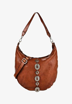 Borsa a tracolla in pelle marrone con conchos decorativi argento al centro e tracolla regolabile con fibbia.
