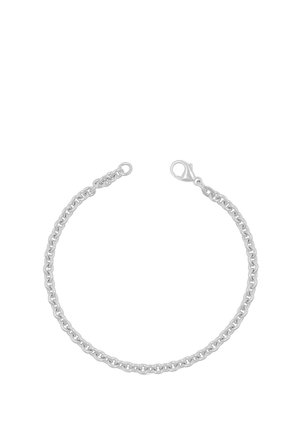 Silbernes Kettenarmband mit abgerundeten Gliedern und einem Karabinerverschluss auf weißem Hintergrund.