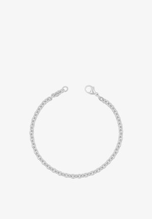 Bracciale a catena in argento con anelli arrotondati e chiusura a moschettone su sfondo bianco.