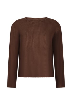 Brown long-sleeve top made of ribbed fabric, featuring a round neckline and straight hem. Simple design with no additional patterns or details.