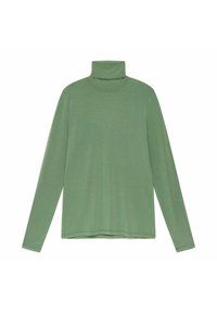 Maglietta verde a maniche lunghe con collo alto, realizzata in tessuto morbido. Presenta un collo alto e una vestibilità dritta senza motivi o decorazioni.