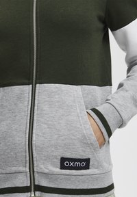 Grön och grå zip-up huvtröja med ribbade muddar, randiga detaljer, sidofickor och en svart logotyp! Mjuk tyg med kontrasterande färger.