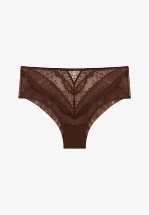 Culotte en dentelle et maille marron avec un design en dentelle en forme de V à l'avant, présentant des bords festonnés et une taille lisse en tissu.
