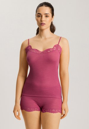 Mauve ribbed tank top with lace trim and adjustable straps, paired with matching shorts featuring lace accents at the hem.
