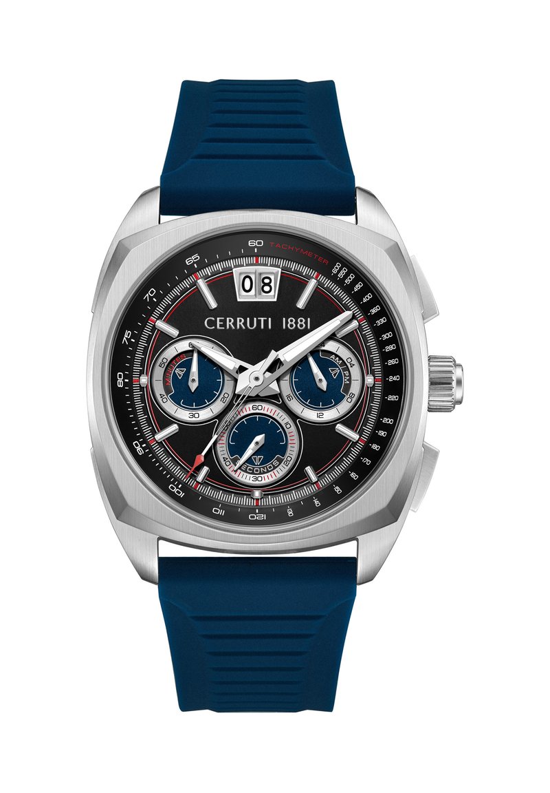 El reloj Cerruti 1881 presenta una caja de acero inoxidable, esfera negra, correa de goma azul, tres subesferas y detalles rojos. Indicador de fecha a las 12 en punto.