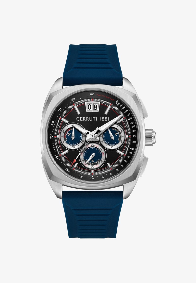 Cerruti 1881 pulksteņa korpusā ir nerūsējošais metāls, melnas krāsas ciparnīca, zila gumijas josta, trīs mazās ciparnīcas un sarkanie akcenti. Datums tiek rādīts 12:00.