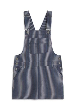 Blauw-wit gestreepte, verticale tuinjurk met borstzak aan de voorkant, verstelbare schouderbanden, knopen aan de zijkant en twee zijzakken.