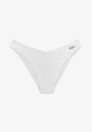 Bas de bikini blanc avec un motif zigzag texturé, des fines bretelles sur les côtés et un petit accent logo doré sur un côté.