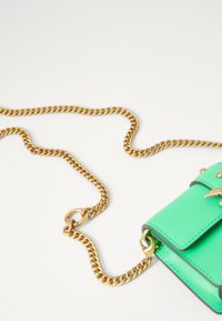 Geantă transversală din piele verde cu o curea din lanț auriu, având o închidere cu clapetă și nasturi decorativi. Textură netedă și design compact.