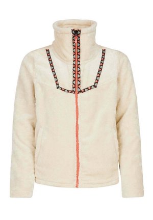 Fløjlsgul fleecejakke med høj krave, lynlås foran og geometrisk mønstret kant i sort, orange og rød. To sidelommer inkluderet.