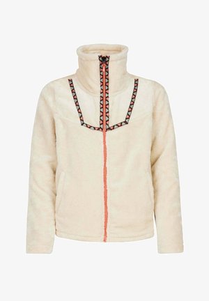 Kremowa kurtka z polaru z wysokim kołnierzem, zamkiem z przodu i geometrycznym wzorem w czerni, pomarańczy i czerwieni na wykończeniach. Dwie boczne kieszenie.