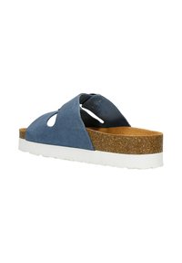 Sandali blu scamosciati con suola in sughero, suola in gomma bianca, design con fascette incrociate e dettagli ritagliati sulla parte superiore.