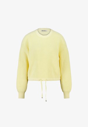 Pull jaune en maille avec un col rond, des manches longues et une coupe courte. Il comporte des cordons au niveau de l'ourlet et des poignets côtelés.