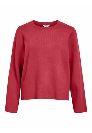 Pull rouge en tricot doux. Il présente un col rond, des manches longues et une coupe légèrement ample avec une texture lisse.