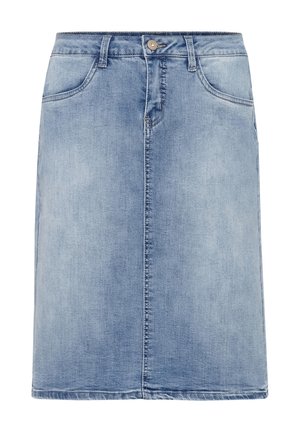 Denim krilo v svetlo modri barvi, do kolen, ima dva stranska žepa, sprednje zapiranje s gumbi in subtilne podrobnosti bledenja na tkanini.