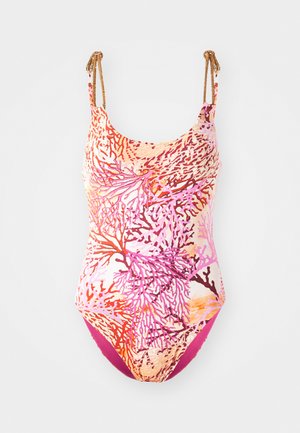 Costume intero con motivo di barriera corallina in tonalità di rosa e arancione. Presenta spalline regolabili con dettagli in oro. Accenti rossi nella parte inferiore.