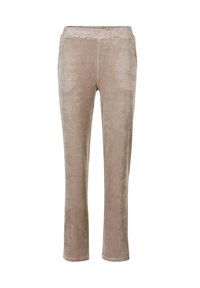 Beige velours rechte pijpen broek met elastische tailleband en zijzakken op een witte achtergrond.