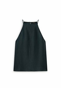 Haut sans manches vert foncé avec un design à col halter, fabriqué en tissu léger. Présente une coupe droite et des détails de couture minimaux.