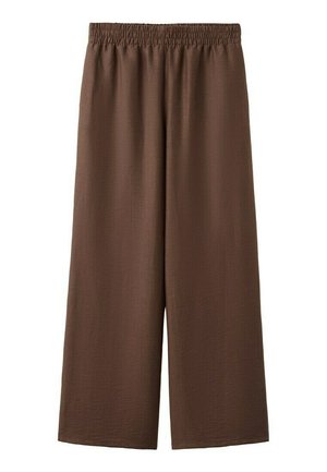 Pantalones marrones de pierna ancha con cinturilla elástica, hechos de tela ligera, mostrados sobre un fondo blanco.