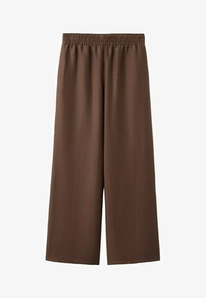 Pantalones marrones de pierna ancha con cinturilla elástica, hechos de tela ligera, mostrados sobre un fondo blanco.