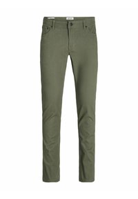Pantaloni di cotone verde oliva con design aderente, cinque tasche e chiusura con zip. Texture liscia con dettagli di cucitura minimi.