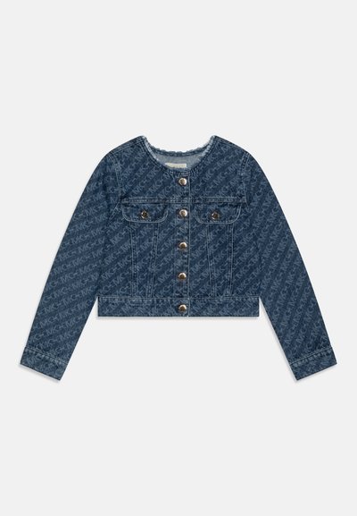 Denim cropped jacket in dark blue featuring a tonal logo pattern, button front, two chest pockets, and frayed neck detail.