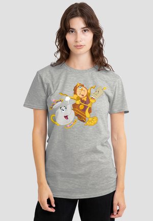 Gray cotton t-shirt featuring cartoon characters: a teapot, a lion, and a candlestick with vibrant colors and playful expressions.