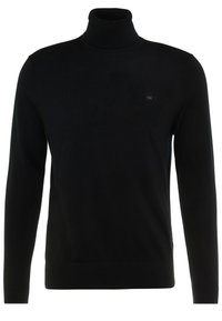 Maglione a dolcevita nero, realizzato in morbido tessuto a maglia. Design aderente con maniche lunghe e polsini a coste, con un piccolo logo sul petto.