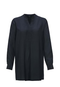 Blouse tunique noire à manches longues avec col en V et col montant, coupe décontractée et manches avec poignets.